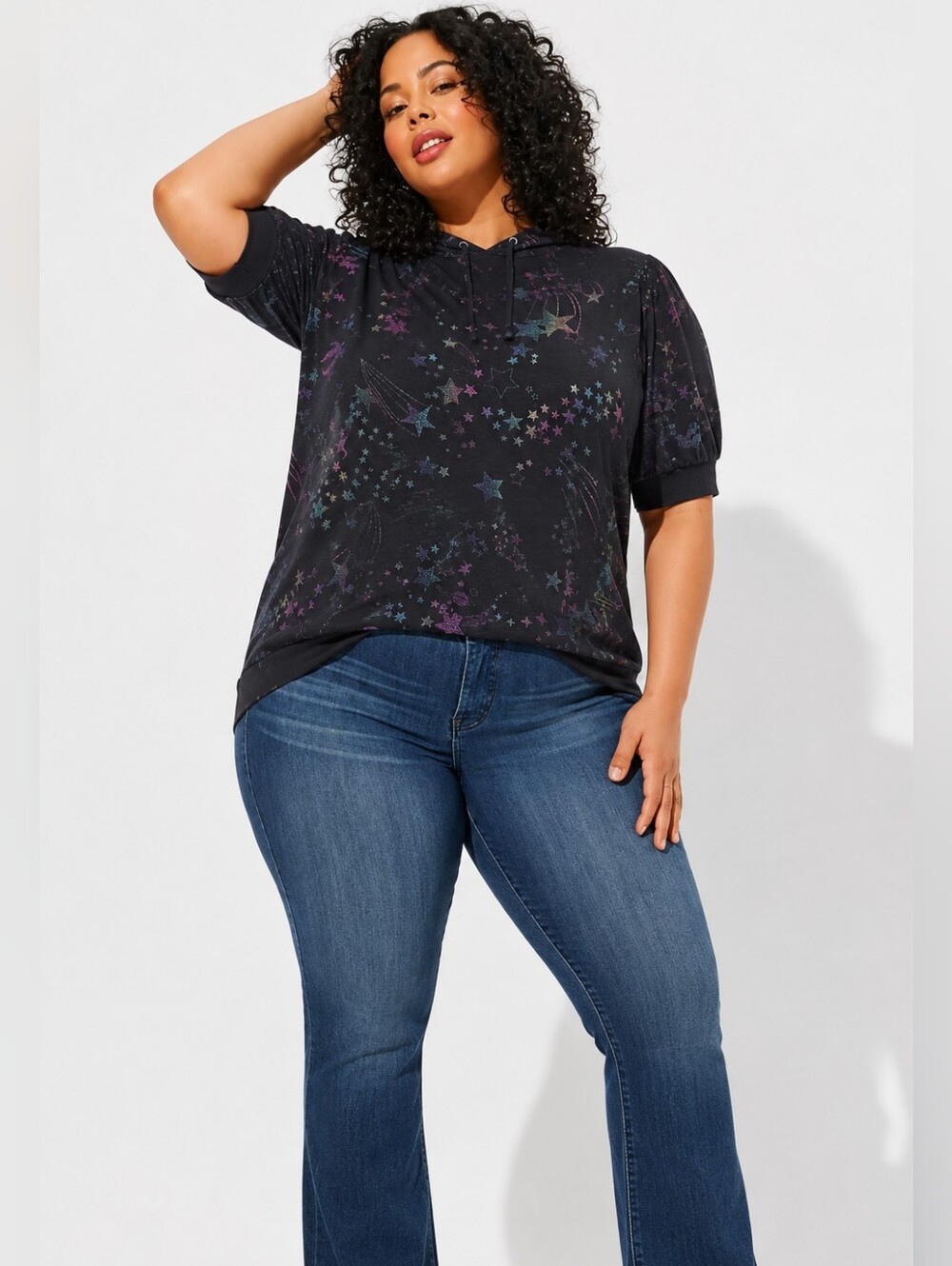 Torrid Plus Size Black Hooded Slub Jersey Galaxy Star Print Tunic Top Soft Boho